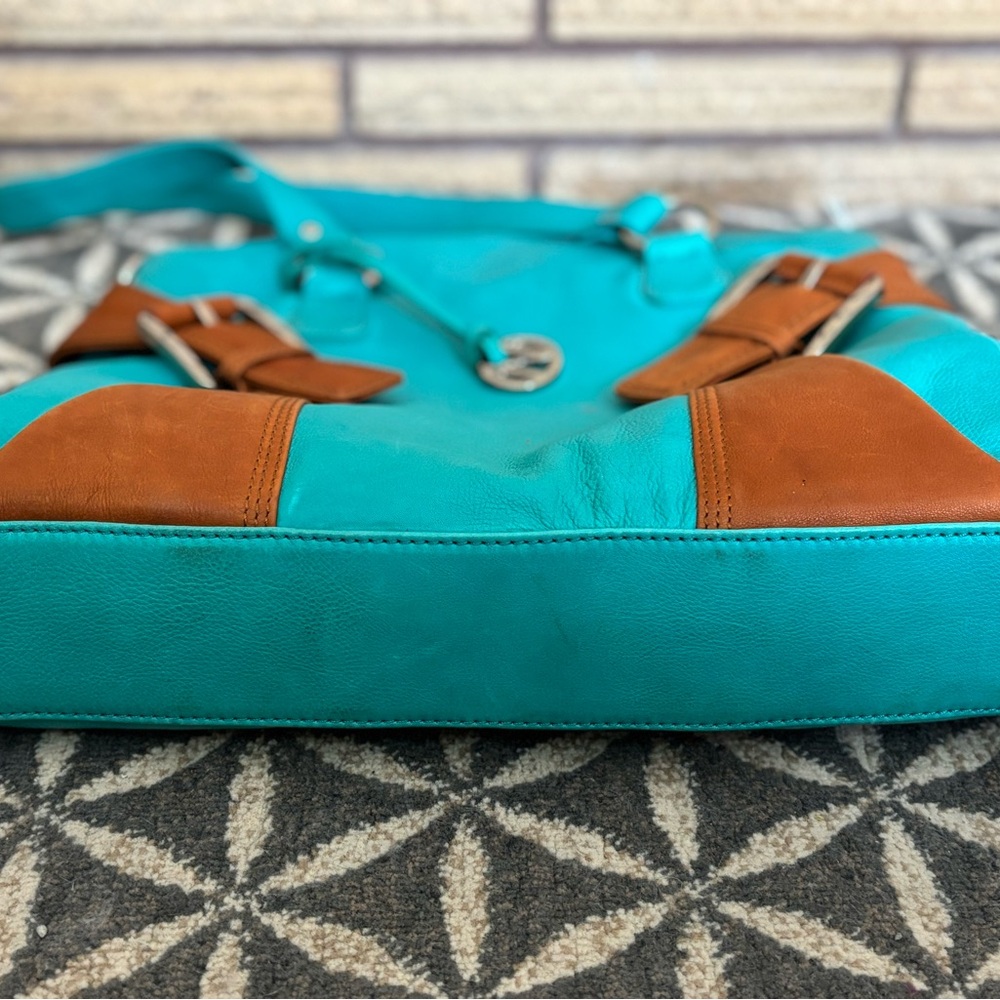 Aqua/Camel Leather Bag - NEW - Nappa Leather Handbag - Leather Purse - Picture 9 of 15